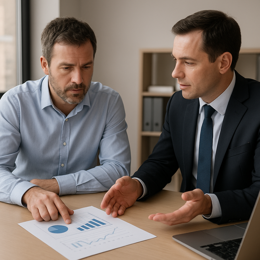 Gestion de patrimoine pour entrepreneur : les bonnes décisions à prendre 2 Entrepreneur et conseiller discutant de gestion de patrimoine