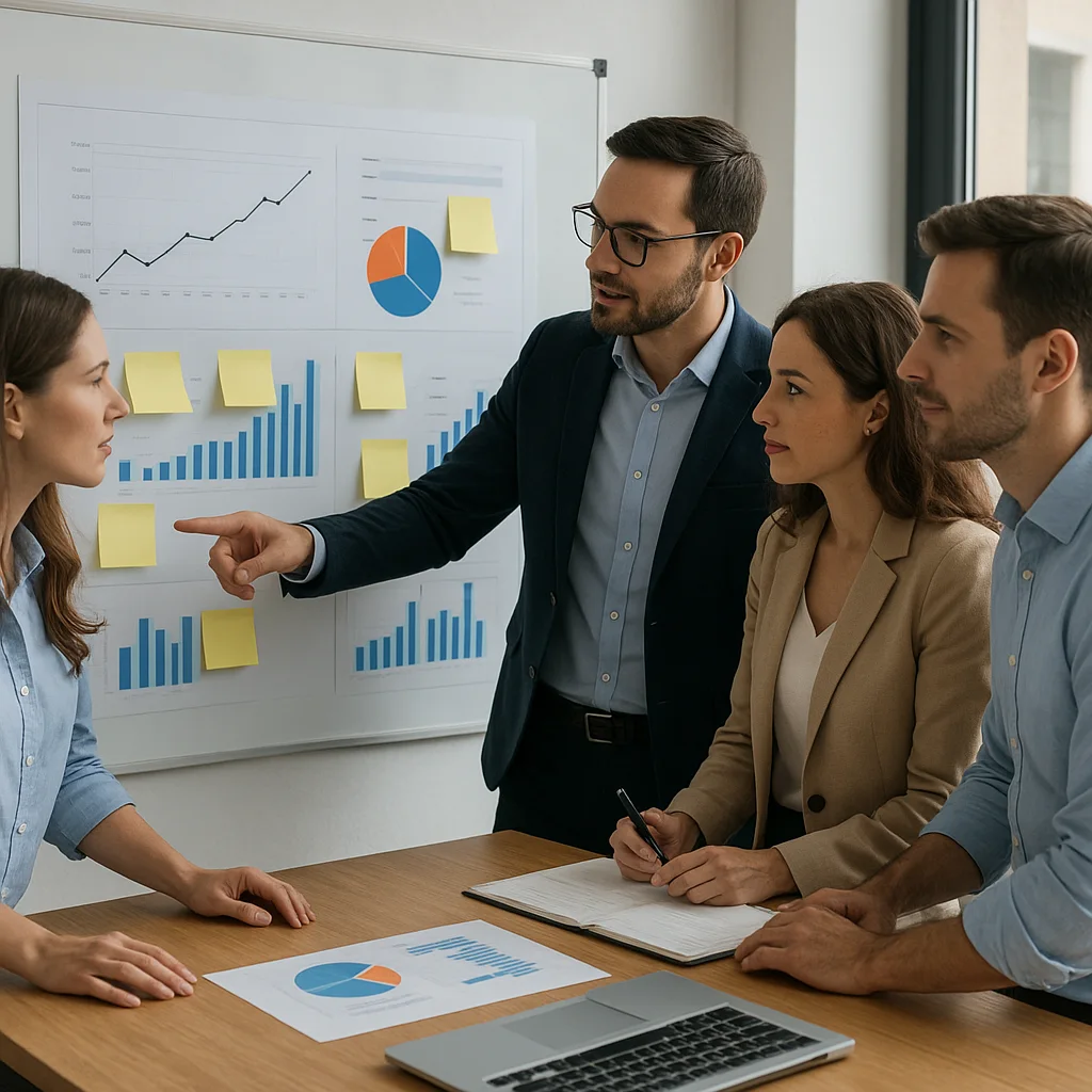 Équipe analysant un funnel de vente sur un tableau de bord