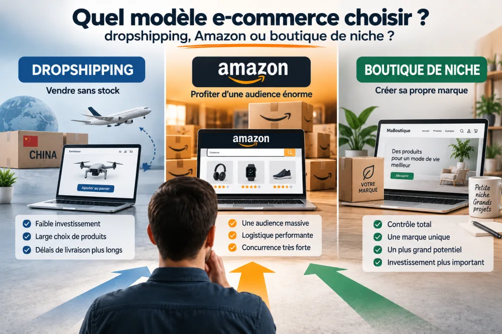 Homme vu de dos contemple une affiche multicolore divisée en trois sections: dropshipping à gauche, amazon au centre et boutique de niche à droite.