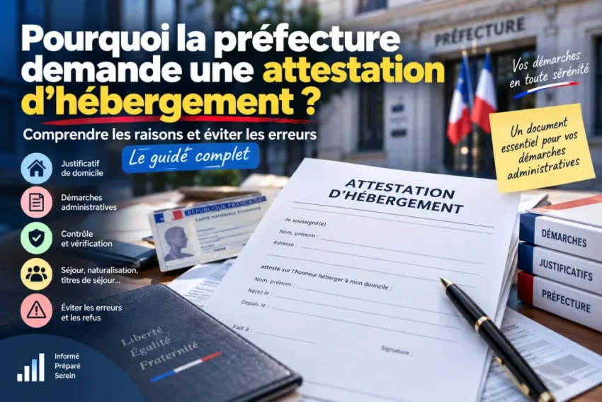 Plan moyen montrant une feuille intitulée Attestation d'hébergement sur table, entourée de documents et d'un stylo, devant la façade d'une préfecture et des drapeaux