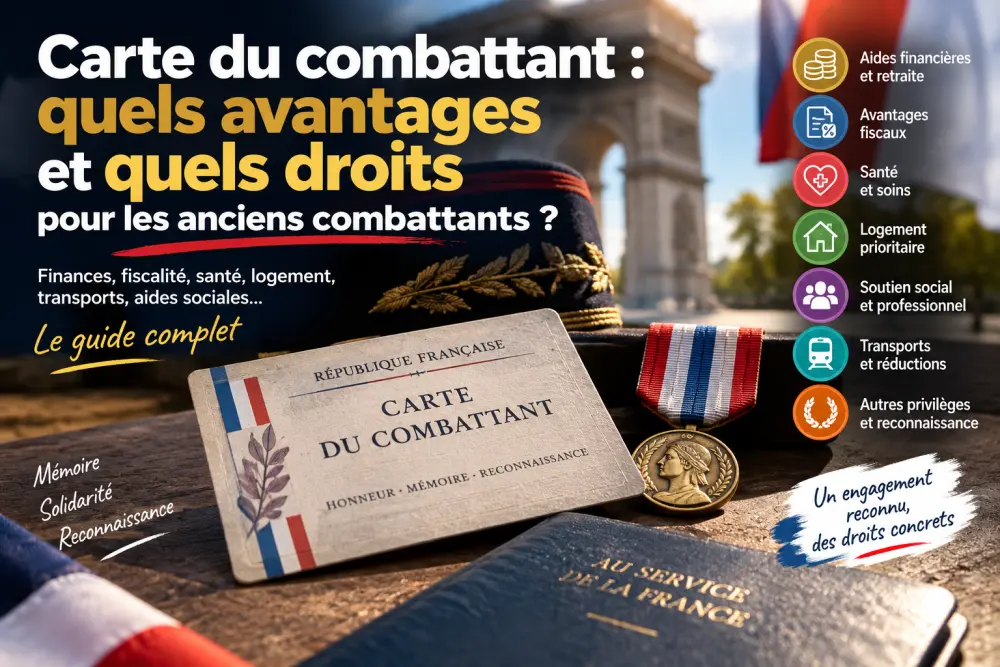 Carte du combattant : quels avantages et quels droits pour les anciens combattants ? 3 Premier plan: carte du combattant beige avec inscription, accompagnée d'une médaille et d'un casque orné de lauriers; à droite, icônes colorées visibles.