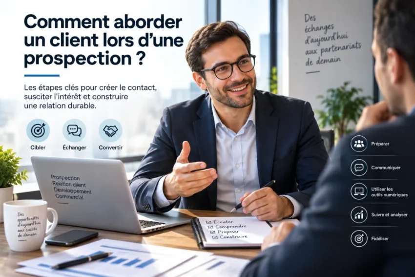 Grand titre lisible à gauche indique une prospection; deux professionnels discutent autour d'une table dans un bureau.