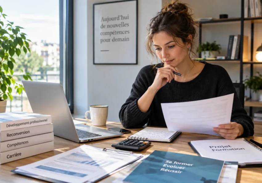 Une jeune femme brune en pull noir consulte une feuille, près d’un ordinateur portable et d’une tasse.