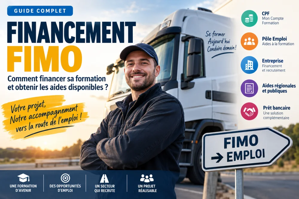 Financement FIMO : comment financer sa formation et obtenir les aides disponibles ? 2 Homme en casquette et veste sombre, bras croisés devant un grand camion blanc; affiches et texte 'FINANCEMENT FIMO' visibles.