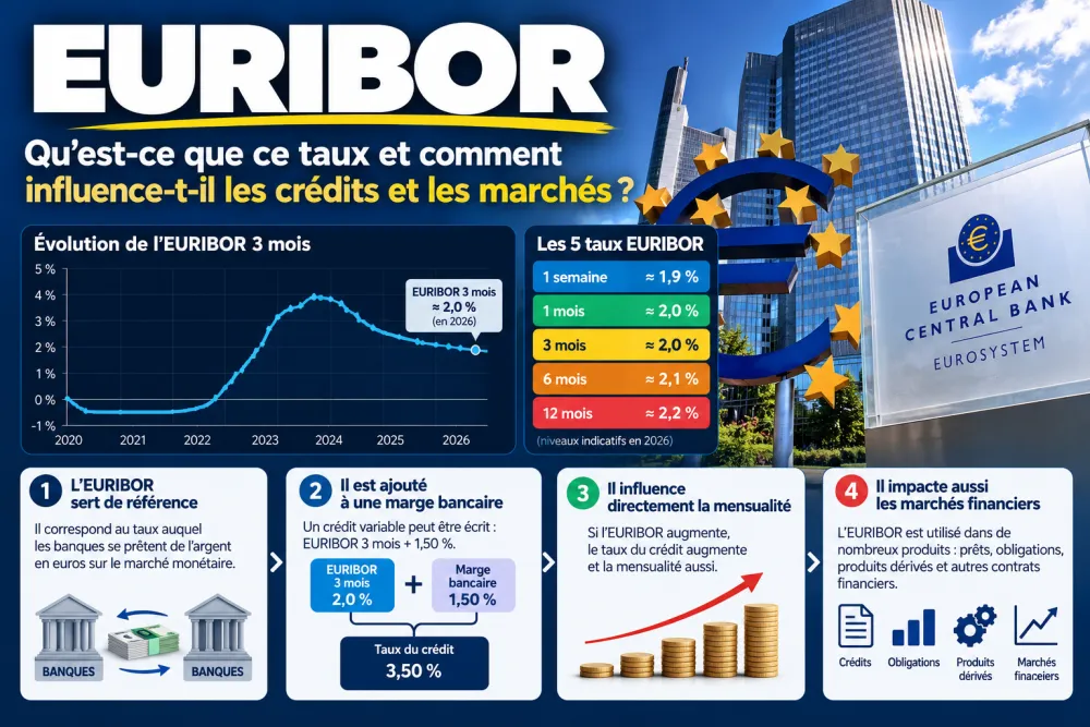Affiche infographique bleu montrant EURIBOR en lettres blanches, graphique trois mois et liste de taux à droite, façades bancaires et symbole euro avec étoiles