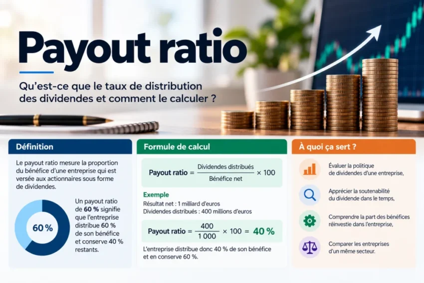 Payout ratio : qu’est-ce que le taux de distribution des dividendes et comment le calculer ? 1 Infographie sur le payout ratio montrant des piles de pieces dorees, un graphique avec fleche ascendante et trois blocs d information colorees