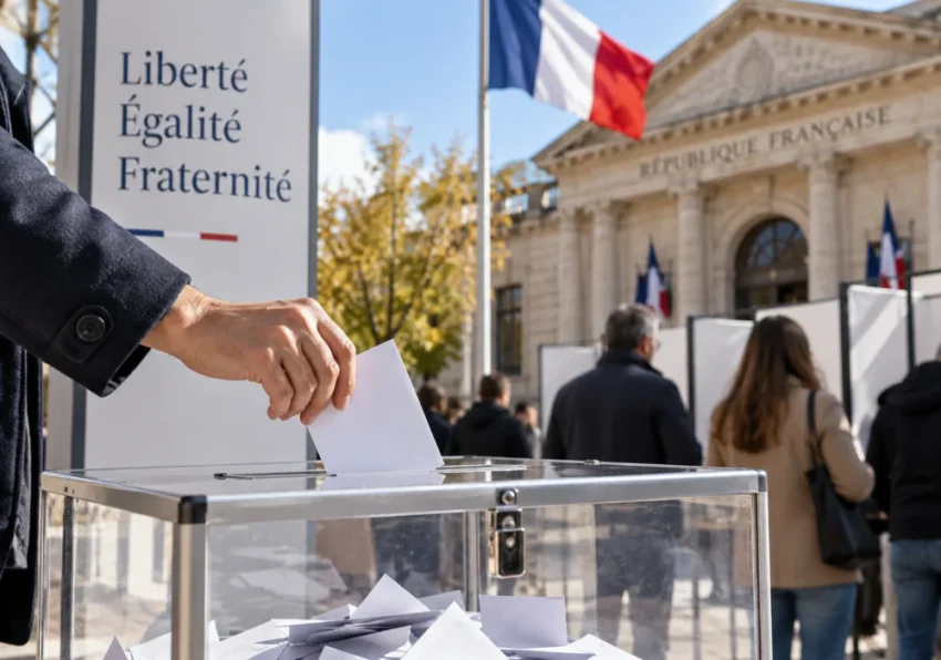 une main insertant un bulletin dans une urne transparente en verre devant un edifice officiel francais avec drapeaux et une foule en arriere-plan